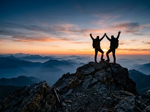 Two hikers celebrating their achievement at mountain peak during breathtaking sunrise adventure journey