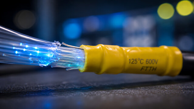High Speed Fiber Optic Cable with Glowing Blue Light