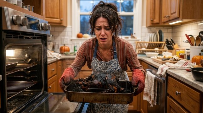 Frustrated woman cries over burnt turkey disaster in kitchen