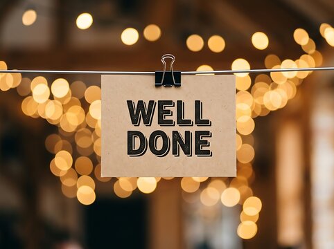 Well done sign hanging on a string with warm bokeh lights in the background celebration