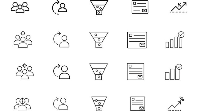 Marketing sales funnel icons set with customer acquisition lead generation business strategy.