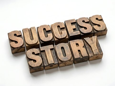 Wooden vintage letterpress blocks spelling out success story for inspiration and motivation concepts