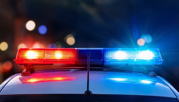 blue and red light flasher atop of a police car city lights on the background