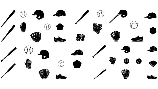 Baseball equipment icons collection set featuring bats balls gloves helmets and cleats.
