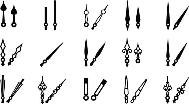 Vintage and Modern Clock Hands Icon Set with Decorative Hour and Minute Indicators for Watch Making Repair Custom Clockface Designs and DIY Crafts