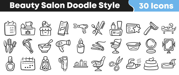 Naklejka premium Collection of thirty hand drawn beauty salon icons doodle style