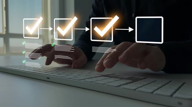 Professional project management, quality control and document approval concept.	
Business checklist interface showing completed tasks, milestones and workflow progress. 