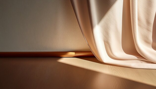 draped fabric cascades with soft sunlight casting shadows on an adjacent wall surface