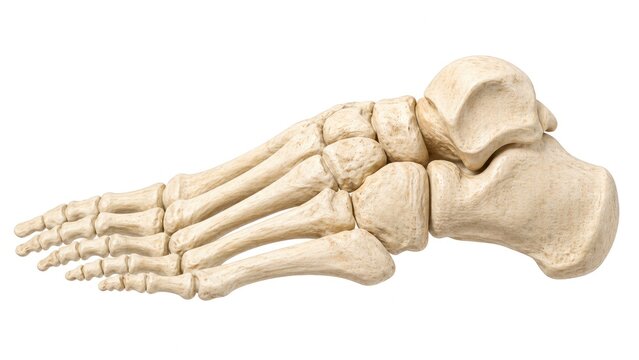Detailed human foot skeleton anatomy illustration showing tarsal metatarsal phalanges calcaneus bone structure isolated on white background