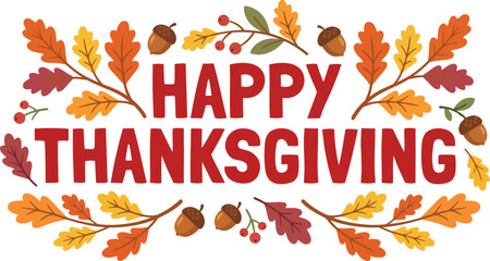 Happy Thanksgiving elegant script typography layout with symmetrical colorful autumn leaf side borders © Hafsa
