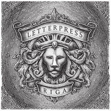 Vintage Lion Head Crest Emblem in Letterpress Engraving Style