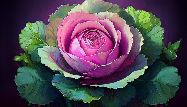 cabbage rose a type known for its densely packed globular blooms resemble a cabbage head the image physically merges the two items that share a common name in a visually striking pop art style