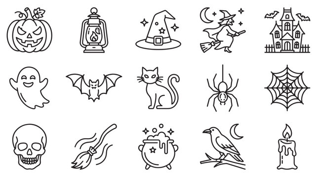 Cute Halloween Witch Cat and Bat Outline Icons
