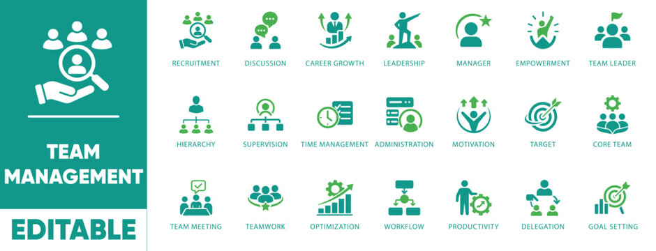 Team management and leadership vector icon set. Human resources, workflow optimization, recruitment, and corporate collaboration concepts. Editable flat glyphs.