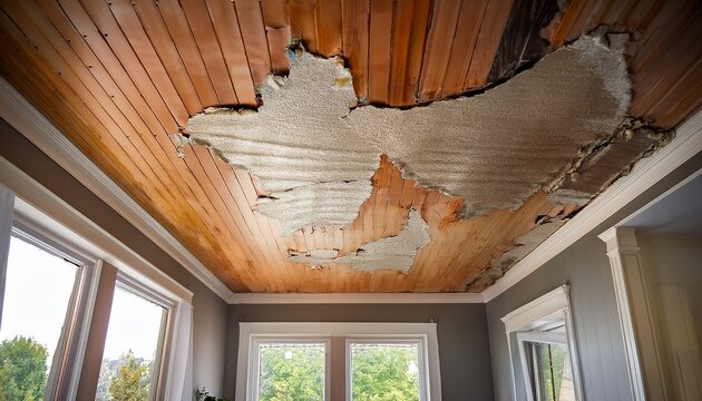 water damage and peeling ceiling from severe roof leak indoors