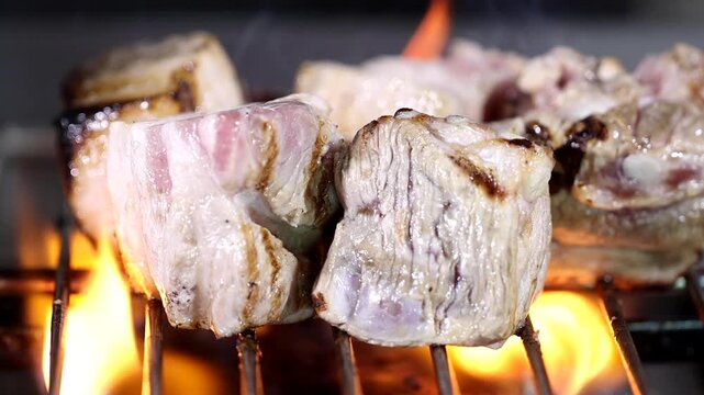 Pork belly charcoal BBQ grilled meat pork flame fire smoke k food traditional meat cooking recipe restaurant food ingredient 통돼지삼겹살 구이 삼겹살 돼지고기 숯불구이 한식 케이푸드 석쇠 불 고기 숯불 연기 불꽃 식재료 요리 음식 돼지구이 바비큐 직화구이