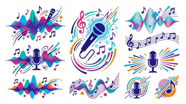 Colorful music elements set with microphones, sound waves and music notes