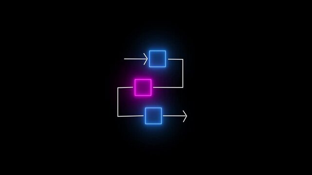Futuristic Neon Workflow Process Flowchart Animation with Business Automation and Digital Process Flow on Black Background.