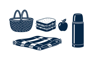 Vintage style picnic vector illustration with woven basket, sandwich, apple, and thermos flask set.