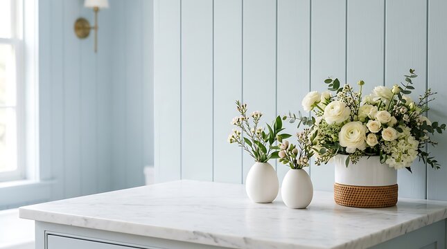 White flowers and vases on marble kitchen countertop