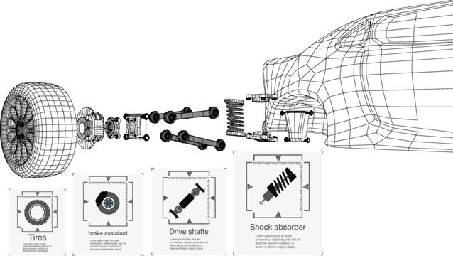 Diagram shows car suspension details and how it works with different parts and obstacles in a vehicle system