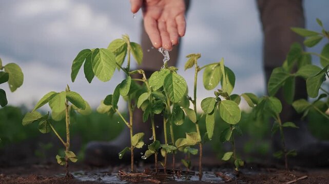 A farmer uses hand irrigation to water soybean plants. The man gently pours water from his hand onto the growing soybean crops in the field.