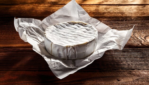 round brie cheese in white wax paper on rustic wooden table