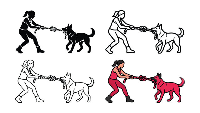 People and dogs playing tug of war vector illustration with different styles and color variations