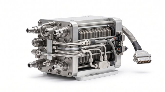 Industrial hydrogen fuel cell stack with stainless steel casing and integrated metallic piping connections designed for clean energy power generation applications isolated on a clean white background 