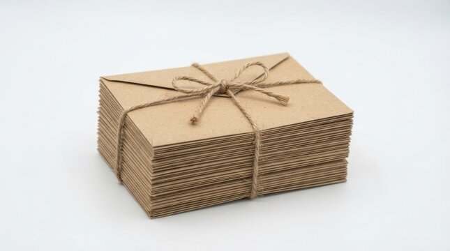 Stack of brown recycled paper envelopes tied with rustic jute twine