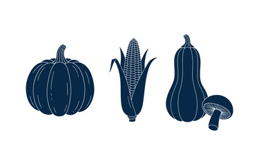 Silhouette Set of Autumn Harvest Vegetables featuring Pumpkin Ear of Corn Squash and Mushroom. © Sayma Akter