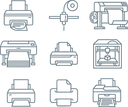 Industrial printing machinery and home office desktop printer icons set featuring modern multi functional plotting and printing hardware