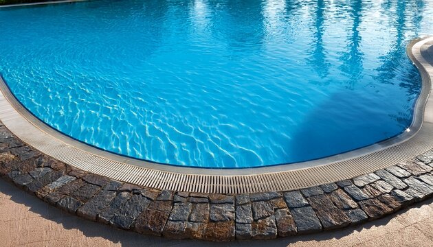 curved edge of swimming pool with clear blue water and stone border