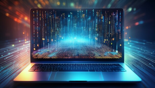 binary code data bit screen display on laptop computer screen matrix of data flow rise of the big data ai age artificial intelligence data transfer