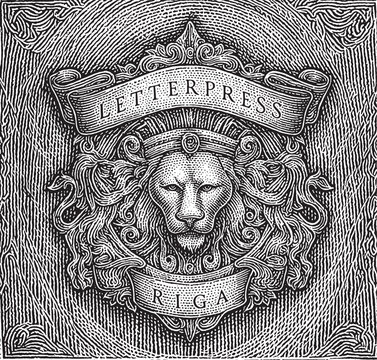Vintage Lion Head Heraldic Crest Emblem in Detailed Woodcut Engraving Style