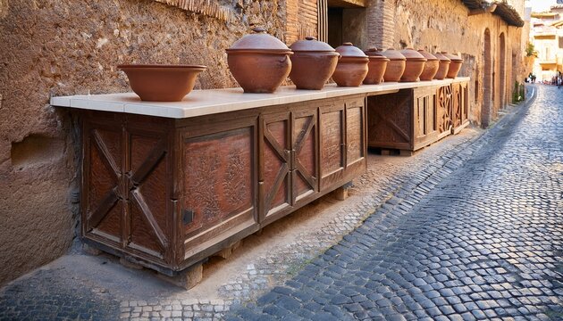 ancient food counter thermopolium in herculaneum ercolano with ceramic pots to keep food hot so customers could grab some fast food along the street