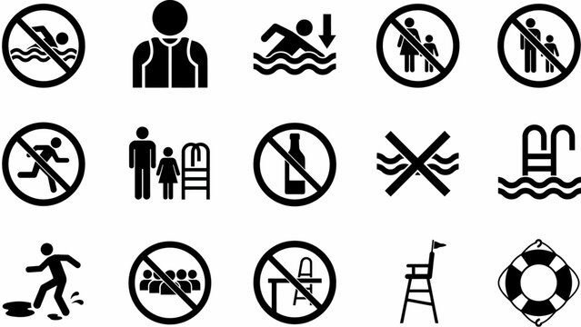Pool rules and safety signs and symbols icons set