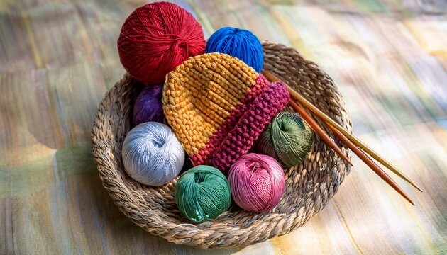 crochet work featuring cotton yarn vibrant yarn balls and crochet needles arranged on a threshing basket this handmade crochet hat can be styled as a slouch or beanie hat showcasing exquisite