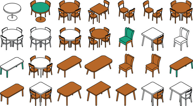 Isometric collection of restaurant and cafe furniture featuring wooden tables dining chairs stools and cafeteria seating arrangement elements