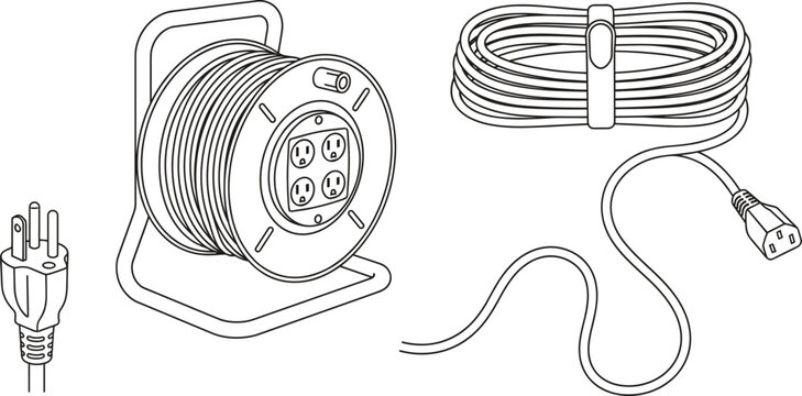 Electrical Extension Cord Vector Icon Set with Cable Reel and Plugs for Tools
