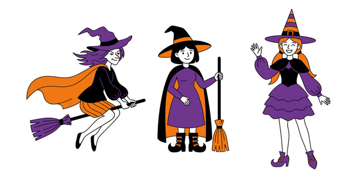 Halloween clipart bundle three witch illustrations for spooky designs
