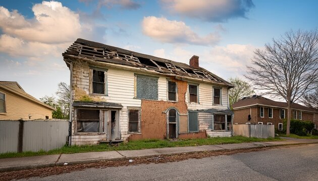 derelict house on a residential street with boarded up windows and decaying crumbling walls