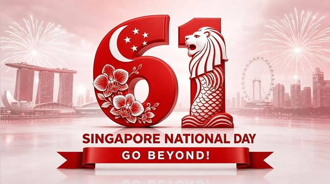 Singapore national day 61st anniversary celebration background with singapore