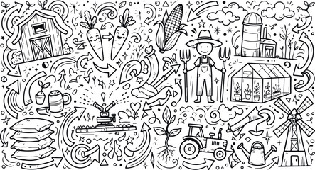 Obraz premium Detailed farming lifestyle doodle illustration showing farmer and agricultural activities in hand drawn style with farming life rural life farm life agriculture tools food production