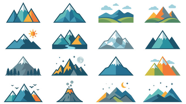 Elegant Colorful Mountain Illustrations Set Featuring Scenic Landscapes Volcanoes Sun Moon and Stars in Vibrant Blues Greens Oranges