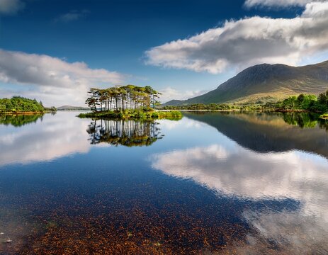 twelve pines island reflected in derryclare lough connemara county galway scenic lake and mountain landscape in the heart of the twelve bens region ireland