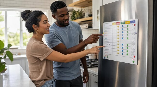 Diverse roommates planning chores in kitchen