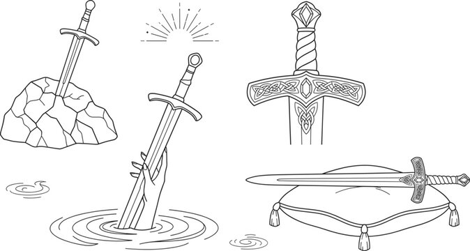 Medieval Sword Arthurian Legend Vector Icon Set with Excalibur Elements for Fantasy Designs