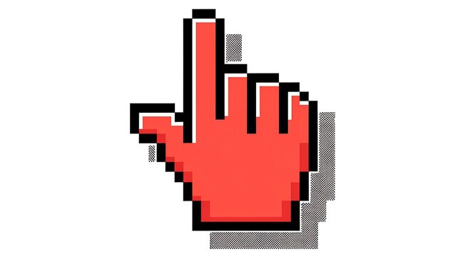 Pixel art hand cursor, red pointing index finger, computer mouse icon, web navigation symbol
