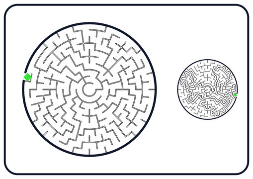 Circular maze puzzle for kids, medium difficulty printable logic game, find the way from start to exit, black and white, activity worksheet page with solution
